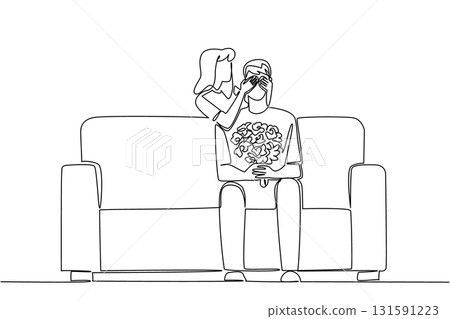 Single one line drawing a woman gives a surprise bouquet of flowers to a man sitting on the sofa. A simple surprise that is very impressive. Surprise. Continuous line design graphic illustration Single one line drawing a woman gives a surprise bouquet of flowers to a man sitting on the sofa. A simple surprise that is very impressive. Surprise. Continuous line design graphic illustration 131591223