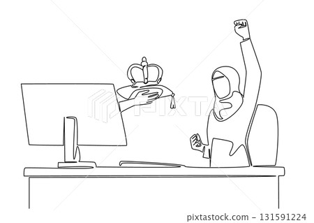 Continuous one line drawing hands out of the monitor screen while holding a crown. Sole successor to the position of the company. Owner. Things from Screen. Single line draw design vector illustration 131591224