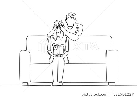 Single continuous line drawing a woman sits on a sofa holding a gift box. A husband who loves his wife very much. A gift that the lover really desires. Surprise. One line design vector illustration Single continuous line drawing a woman sits on a sofa holding a gift box. A husband who loves his wife very much. A gift that the lover really desires. Surprise. One line design vector illustration 131591227