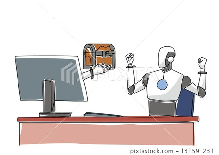 Single one line drawing hand of robot out from monitor screen holding a treasure chest. Antique objects and technological intelligence. Things from Screen. Continuous line design graphic illustration 131591231