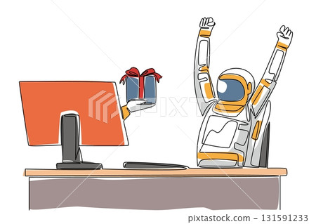 Single continuous line drawing hand of astronaut out of monitor screen while holds gift box. Prepare an impressive gift when returning to earth. Things from Screen. One line design vector illustration 131591233