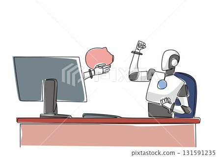 Single one line drawing hand of robot out from monitor screen holding a safe piggy bank. Budget for advanced artificial intelligence. Things from Screen. Continuous line design graphic illustration 131591235