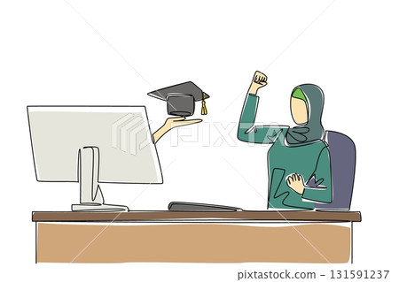Single continuous line drawing hands out of the monitor screen while holding a graduation cap. Online lectures and graduation. The smart worker. Things from Screen. One line design vector illustration 131591237