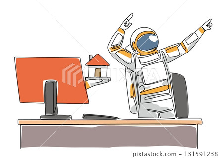 Continuous one line drawing hand of astronaut out of monitor screen while holding a miniature house. The joy of the expedition is over. Things from Screen. Single line draw design vector illustration Continuous one line drawing hand of astronaut out of monitor screen while holding a miniature house. The joy of the expedition is over. Things from Screen. Single line draw design vector illustration 131591238