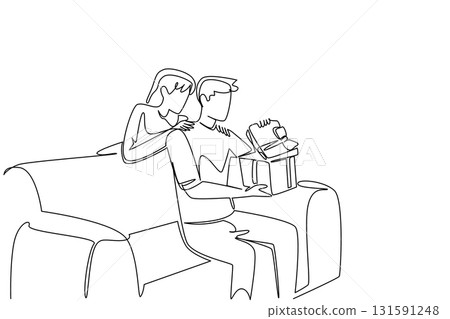 Single one line drawing a man sitting on the sofa while opening gift box. The highly coveted raft robot prize. Giving attention and love. Couple. Surprise. Continuous line design graphic illustration Single one line drawing a man sitting on the sofa while opening gift box. The highly coveted raft robot prize. Giving attention and love. Couple. Surprise. Continuous line design graphic illustration 131591248
