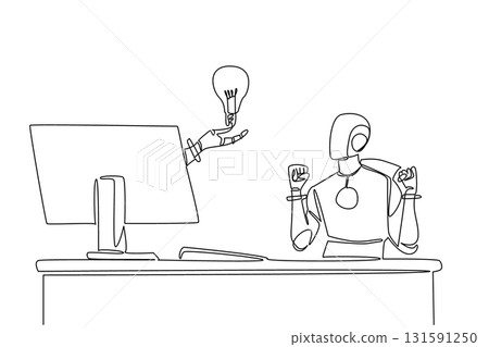 Single continuous line drawing hand of robot out of monitor screen while holding a bulb lamp. Innovation that generates artificial intelligence. Things from Screen. One line design vector illustration Single continuous line drawing hand of robot out of monitor screen while holding a bulb lamp. Innovation that generates artificial intelligence. Things from Screen. One line design vector illustration 131591250