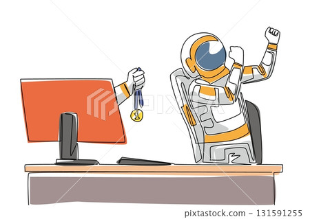 Single continuous line drawing hand of astronaut out of monitor screen while holding a medal. A government service award. Proud. Enthusiastic. Things from Screen. One line design vector illustration Single continuous line drawing hand of astronaut out of monitor screen while holding a medal. A government service award. Proud. Enthusiastic. Things from Screen. One line design vector illustration 131591255