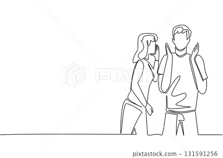 Single continuous line drawing a woman whispers to a man who raises both his hands. A couple of lovers gossiping. Unique communication to get closer. Surprise. One line design vector illustration Single continuous line drawing a woman whispers to a man who raises both his hands. A couple of lovers gossiping. Unique communication to get closer. Surprise. One line design vector illustration 131591256