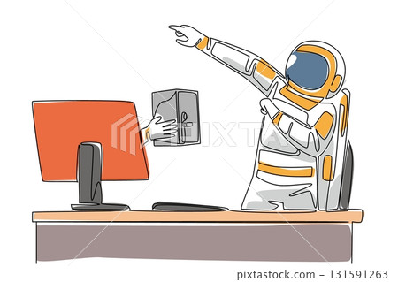 Continuous one line drawing hand of astronaut out of monitor screen while holding a safe deposit box. Confidentiality of the expedition. Things from Screen. Single line draw design vector illustration Continuous one line drawing hand of astronaut out of monitor screen while holding a safe deposit box. Confidentiality of the expedition. Things from Screen. Single line draw design vector illustration 131591263