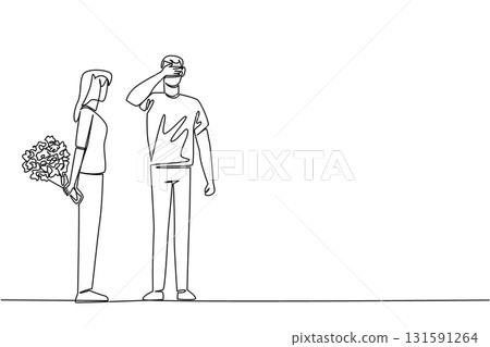Single one line drawing woman standing carrying a bouquet of flowers behind her body. Her lover closed eyes. Romantic day of wedding anniversary. Surprise. Continuous line design graphic illustration 131591264