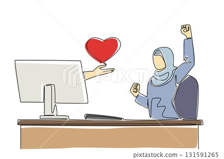 Single continuous line drawing hands out of monitor screen while holding love. Late to build love for business. Success that goes hand in hand. Things from Screen. One line design vector illustration 131591265