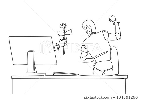 Continuous one line drawing hand of robot out of monitor screen while holding a rose flower. Artificial intelligence generates empathy. Things from Screen. Single line draw design vector illustration 131591266