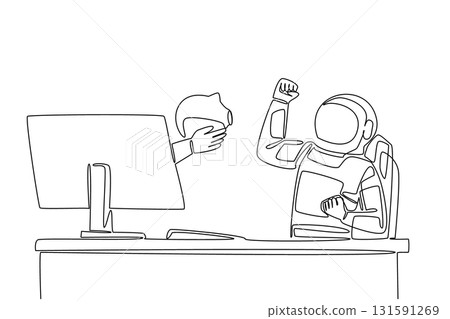 Continuous one line drawing hand of astronaut out of monitor screen while holding a piggy bank. Planning the next expedition. Excited. Things from Screen. Single line draw design vector illustration 131591269