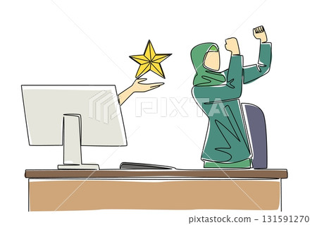 Single one line drawing hands out of monitor screen while holding a star shape. Best rating is a good thing. The first step to success. Things from Screen. Continuous line design graphic illustration Single one line drawing hands out of monitor screen while holding a star shape. Best rating is a good thing. The first step to success. Things from Screen. Continuous line design graphic illustration 131591270