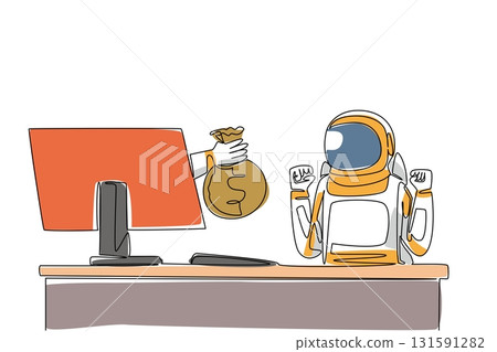 Single continuous line drawing hand of astronaut comes out of monitor screen while holding a money bag. Proper funding benefits the expedition. Things from Screen. One line design vector illustration Single continuous line drawing hand of astronaut comes out of monitor screen while holding a money bag. Proper funding benefits the expedition. Things from Screen. One line design vector illustration 131591282