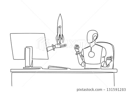 Continuous one line drawing hand of robot out of monitor screen while holding a rocket. Business innovation in the startup world. Tech. Things from Screen. Single line draw design vector illustration 131591283