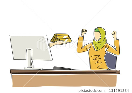 Single one line drawing hands out of the monitor screen while holding a  gold stack. More benefits from gold investment. Enthusiastic. Things from Screen. Continuous line design graphic illustration 131591284