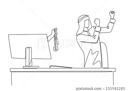 Single one line drawing hands out of the monitor screen while holding a medal. Ambition. Creativity. Smart worker. Become number one. Things from Screen. Continuous line design graphic illustration 131591285