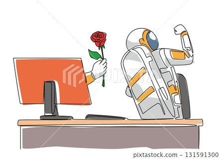 Continuous one line drawing hand of astronaut out of monitor screen while holding rose flower. Greetings of longing and love from earth. Things from Screen. Single line draw design vector illustration 131591300