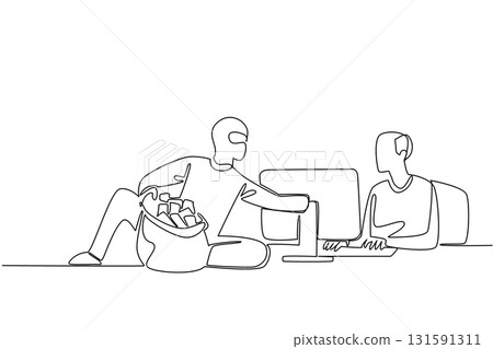 Single one line drawing a grandfather typing and a thief taking banknotes. Cyber attack. Draining financial accounts. National Senior Fraud Awareness Day. Continuous line design graphic illustration 131591311