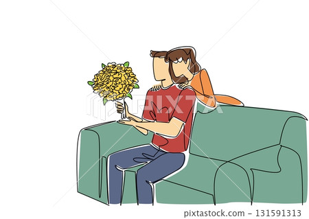 Continuous one line drawing a man sitting on a sofa holding bouquet of flowers. Flirtation on wedding anniversary. Young couple. Loving. Blossom. Surprise. Single line draw design vector illustration Continuous one line drawing a man sitting on a sofa holding bouquet of flowers. Flirtation on wedding anniversary. Young couple. Loving. Blossom. Surprise. Single line draw design vector illustration 131591313