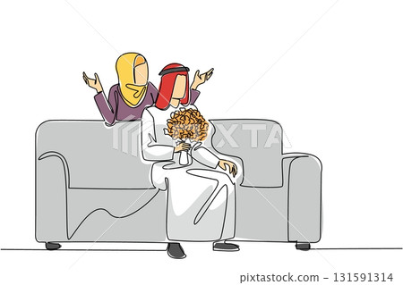 Single continuous line drawing an arab woman standing behind an arab man sitting on sofa holding bouquet of flowers. End the day with something beautiful. Surprise. One line design vector illustration 131591314