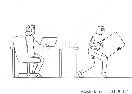 Continuous one line drawing grandma typing on laptop and thief taking credit card from behind screen. Hacking. Data. National Senior Fraud Awareness Day. Single line draw design vector illustration Continuous one line drawing grandma typing on laptop and thief taking credit card from behind screen. Hacking. Data. National Senior Fraud Awareness Day. Single line draw design vector illustration 131591315