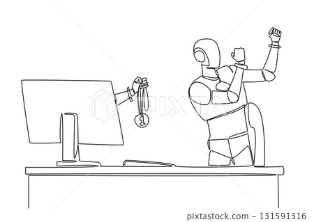 Single continuous line drawing hand of robot out of monitor screen while holding a medal. Awards from the highest technology. Smart robot. AI. Things from Screen. One line design vector illustration 131591316
