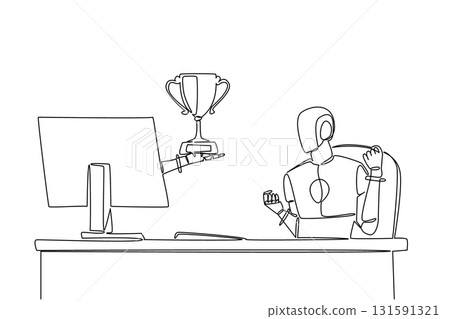 Continuous one line drawing hand of robot out from monitor screen while holding trophy. Highly prestigious award for robot intelligence. Things from Screen. Single line draw design vector illustration 131591321