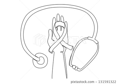 Continuous one line drawing stethoscope wrapped around hand with blue band on palm. Doctors advise to increase awareness. National Tuberous Sclerosis Day. Single line draw design vector illustration Continuous one line drawing stethoscope wrapped around hand with blue band on palm. Doctors advise to increase awareness. National Tuberous Sclerosis Day. Single line draw design vector illustration 131591322