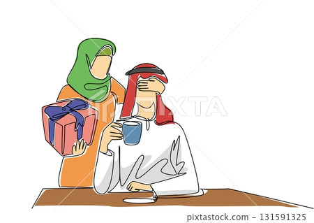 Single continuous line drawing an arab woman standing behind an arab man who sitting enjoying coffee. Surprise anytime anywhere. Happiness. Share. Love. Surprise. One line design vector illustration Single continuous line drawing an arab woman standing behind an arab man who sitting enjoying coffee. Surprise anytime anywhere. Happiness. Share. Love. Surprise. One line design vector illustration 131591325