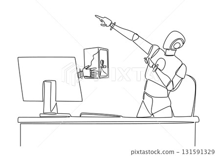 Single continuous line drawing hand of robot out from monitor screen holding a safe deposit box. The safest storage of smart robot programming. Things from Screen. One line design vector illustration 131591329