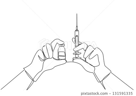 Single continuous line drawing 2 blue gloved hands each holding a syringe and a vaccine bottle. Vaccines for immunity. Anti infection. National Safety Dose Day. One line design vector illustration Single continuous line drawing 2 blue gloved hands each holding a syringe and a vaccine bottle. Vaccines for immunity. Anti infection. National Safety Dose Day. One line design vector illustration 131591335