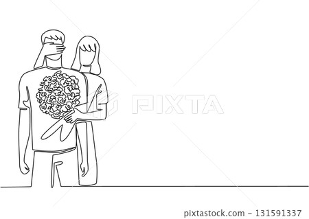Single continuous line drawing a woman standing behind a man covering the eyes of a man with one of her hands. Happy to give surprises. Care. Loving. Surprise. One line design vector illustration 131591337