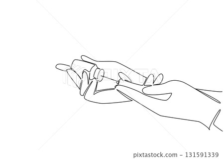 Continuous one line drawing blue gloved hand filling a syringe from a vaccine vial. Measuring the best dose. Curing viruses. National Safety Dose Day. Single line draw design vector illustration 131591339