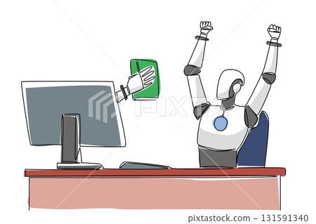 Continuous one line drawing hand of robot out of monitor screen while . holding thick book. Manual guidance enables intelligence. Tech. Things from Screen. Single line draw design vector illustration 131591340