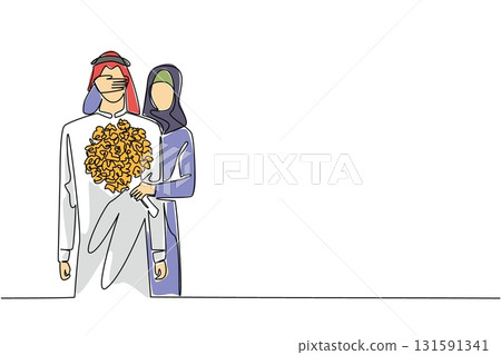 Single continuous line drawing an arab woman standing behind an arab man while covering his eyes with her hands. Romantic place to celebrate happiness. Surprise. One line design vector illustration Single continuous line drawing an arab woman standing behind an arab man while covering his eyes with her hands. Romantic place to celebrate happiness. Surprise. One line design vector illustration 131591341