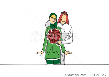 Single continuous line drawing an arab man standing behind an arab woman while covering her eyes with his hands. Surprises every day. Happiness together. Surprise. One line design vector illustration 131591347