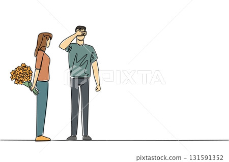 Single one line drawing woman standing carrying a bouquet of flowers behind her body. Her lover closed eyes. Romantic day of wedding anniversary. Surprise. Continuous line design graphic illustration 131591352