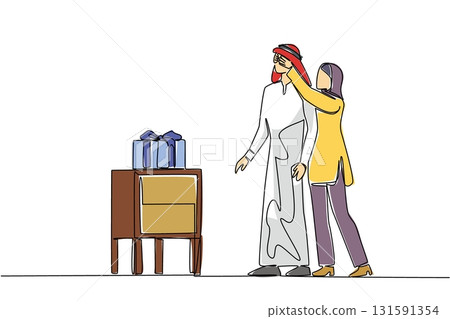 Continuous one line drawing an arab woman standing behind an arab man covering his eyes. A marriage that will always be happy. A happy surprise. Surprise. Single line draw design vector illustration 131591354