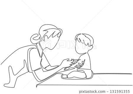 Single continuous line drawing female doctor is giving an injection to sitting baby girl. Efforts to prevent tuberculosis. Healthy living. National Safety Dose Day. One line design vector illustration 131591355