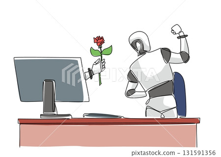 Continuous one line drawing hand of robot out of monitor screen while holding a rose flower. Artificial intelligence generates empathy. Things from Screen. Single line draw design vector illustration 131591356