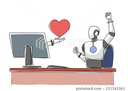 Single continuous line drawing hand of robot out of monitor screen while holds love. Artificial intelligence generates feelings from the heart. Things from Screen. One line design vector illustration Single continuous line drawing hand of robot out of monitor screen while holds love. Artificial intelligence generates feelings from the heart. Things from Screen. One line design vector illustration 131591361