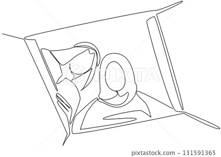 Single continuous line drawing an arab man and an arab woman open a cardboard box. A couple who really likes surprises. Surprise on holidays. Pleasant. Surprise. One line design vector illustration Single continuous line drawing an arab man and an arab woman open a cardboard box. A couple who really likes surprises. Surprise on holidays. Pleasant. Surprise. One line design vector illustration 131591365