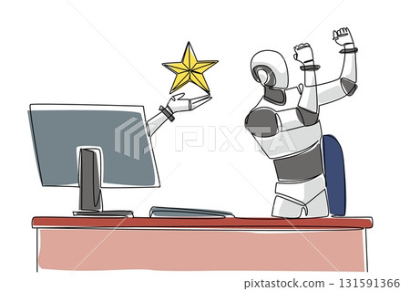 Single one line drawing hand of robot out of monitor screen while holding a star shape. Programmed to always give the best. High tech. Things from Screen. Continuous line design graphic illustration 131591366