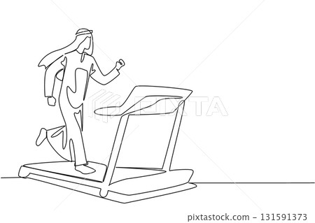 Continuous one line drawing turbaned arab man running on treadmill with heart impulse. Maintain health. Sport. National Employee Health and Fitness Day. Single line draw design vector illustration Continuous one line drawing turbaned arab man running on treadmill with heart impulse. Maintain health. Sport. National Employee Health and Fitness Day. Single line draw design vector illustration 131591373