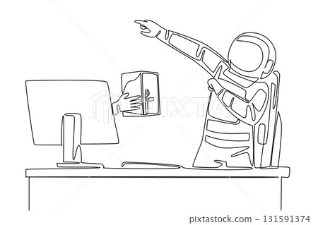 Continuous one line drawing hand of astronaut out of monitor screen while holding a safe deposit box. Confidentiality of the expedition. Things from Screen. Single line draw design vector illustration 131591374