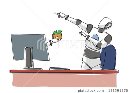 Single continuous line drawing hand of robot out of monitor screen while holding a wallet with some money coming out. Robots make profits. Things from Screen. One line design vector illustration 131591376