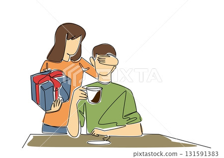 Continuous one line drawing a woman standing behind man covering eyes of the man who sitting enjoying coffee. Small gift with big thoughtfulness. Surprise. Single line draw design vector illustration Continuous one line drawing a woman standing behind man covering eyes of the man who sitting enjoying coffee. Small gift with big thoughtfulness. Surprise. Single line draw design vector illustration 131591383