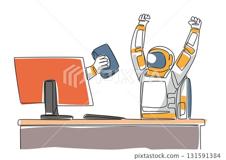 Single one line drawing hand of astronaut out of monitor screen while holding a thick book. Adventure book. Survival in space. Bookworm. Things from Screen. Continuous line design graphic illustration 131591384